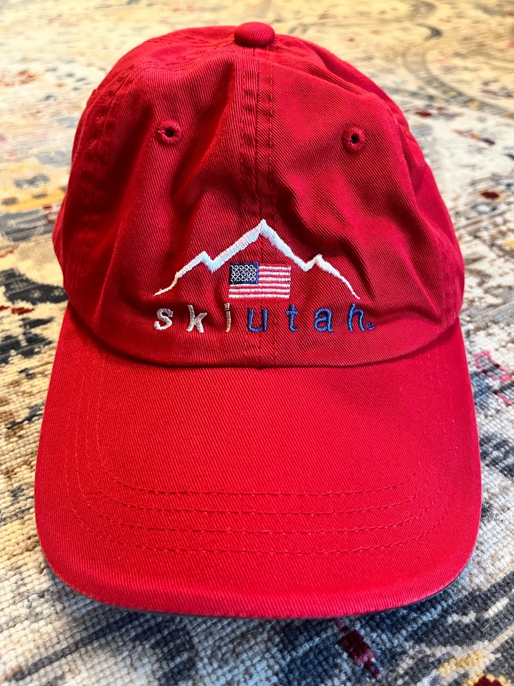 Vintage Port Authority Red 'Ski Utah' Embroidered Baseball Cap, 100% Cotton